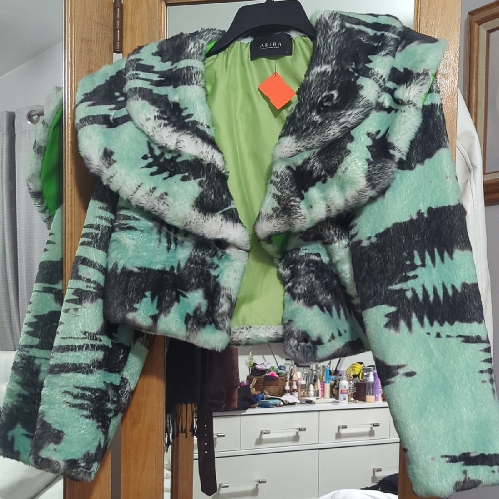 Green and Black Women's Fur Jacket